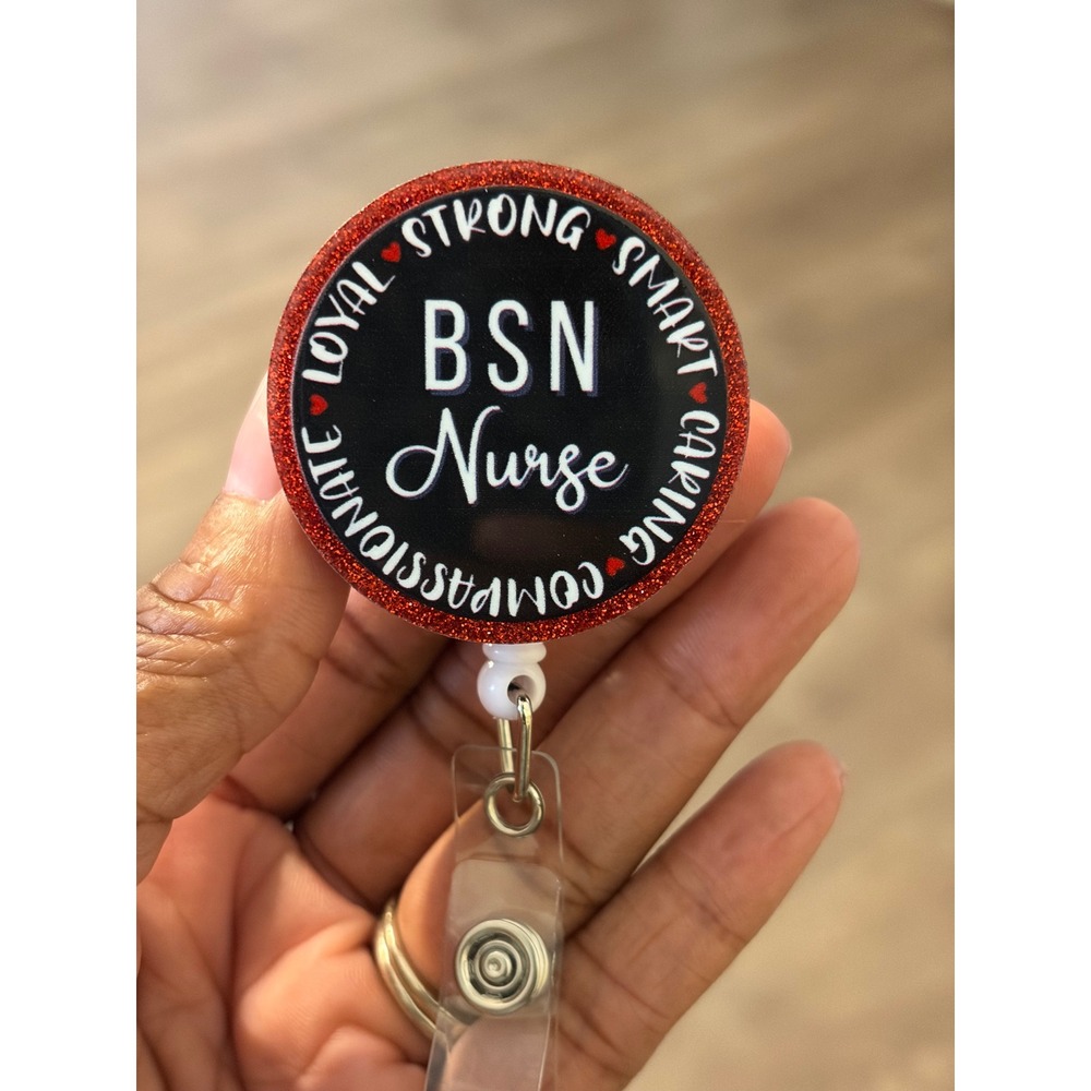 BSN Nurse Badge Reel Retractable ID Holder Red Glitter Nursing Graduate Gift
